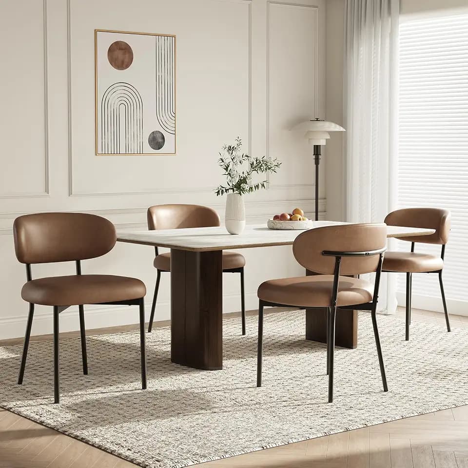 MALOL 4er Set gepolsterte Esszimmerstühle, Modernes PU-Leder, Gebogene Rückenlehne, gepolsterter Sitz, stabile Metallbeine – Design-Stühle für Küche, Esszimmer, Wohnzimmer, Braun