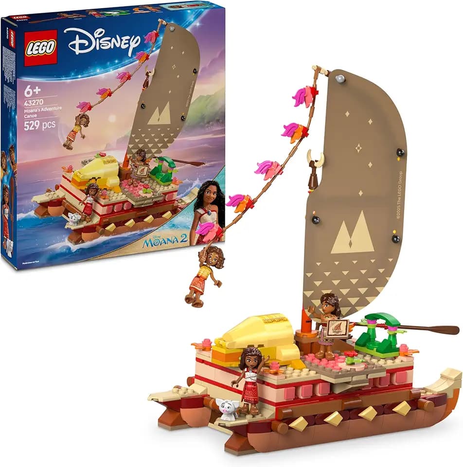 LEGO ǀ Disney Vaiana 2: Vaianas Abenteuerfloß - Spielzeug Boot mit Textilsegel, abnehmbarem Deck, Lagerfeuer & 3 Minifiguren, inkl. Loto und Moni – Geschenk für Mädchen ab 6 Jahren & Fans – 43270