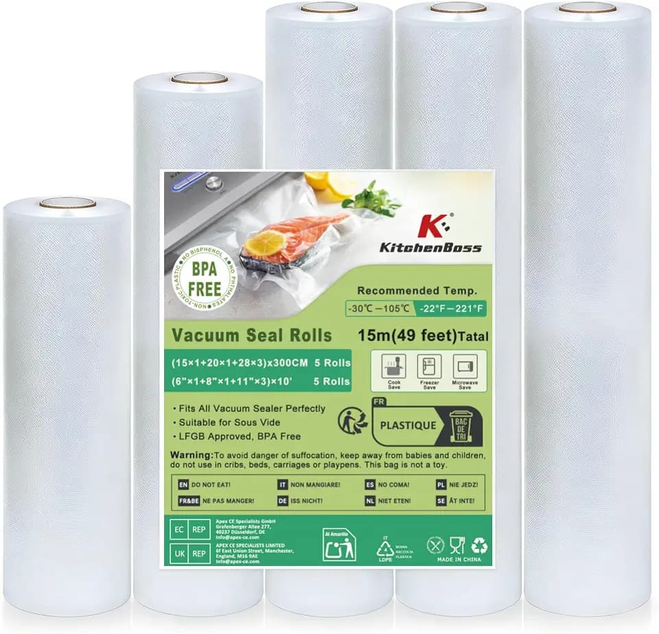 KitchenBoss Vakuumierbeutel 5 Rollen 28x3/20x1/15x1/300 cm, Vakuumierfolie für Vakuumierer und Sous Vide, Vakuumbeutel Lebensmittel Reißfest