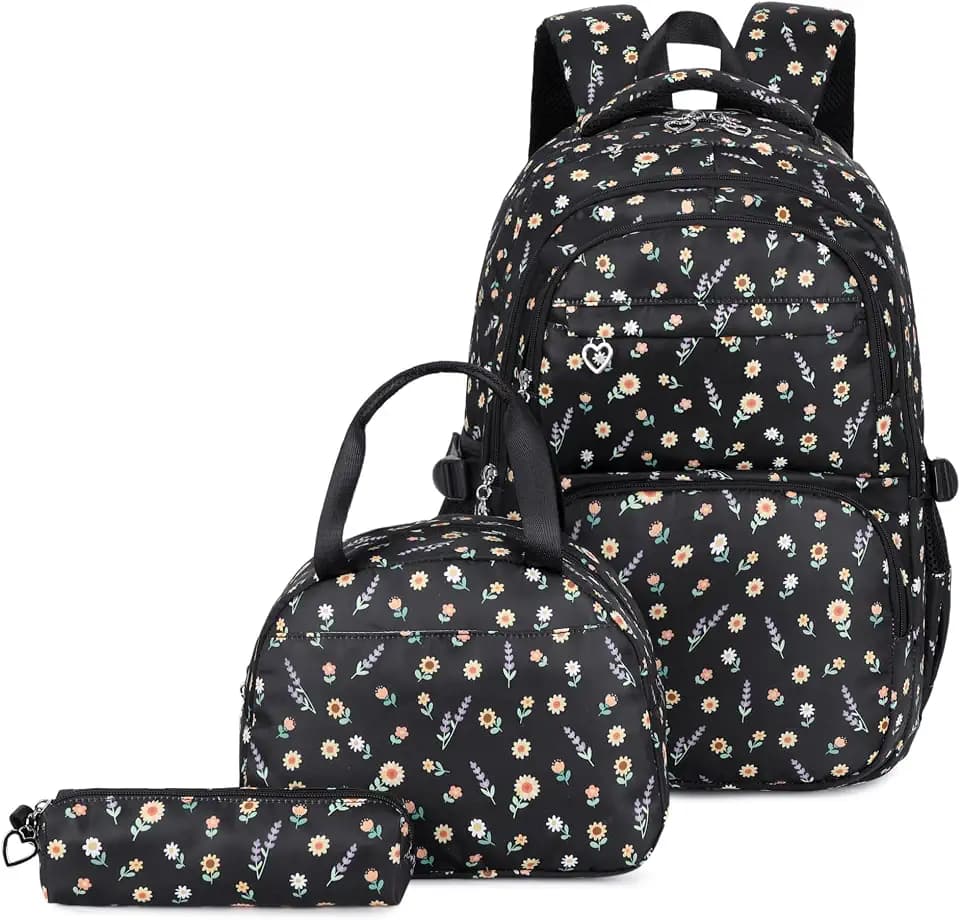 3Pcs Girls Backpack for School Kids with Lunch Bag, Floral Kids School Bag for Teen Girls, T617-Black