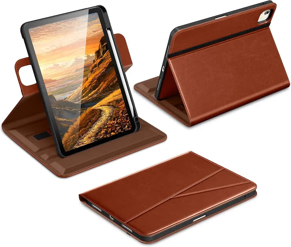 DTTO for iPad Air 11 inch Case M4 / M3 / M2 (2026/2025/2024), iPad Air 5th / 4th Gen (2022/2020), 360 Degree Rotating Premium Leather Folio Stand Cover with Pencil Holder, Brown