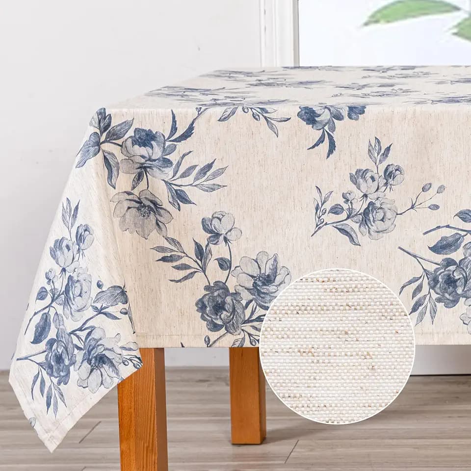 MYSKY HOME Rectangle 60x84 in, Farmhouse Tablecloth, Blue Flower Tablecloth