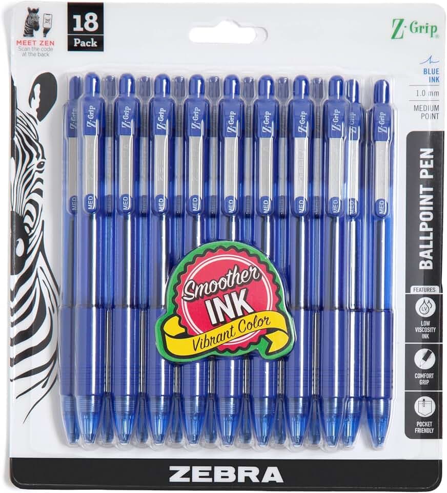 Zebra Pen Z-Grip Retractable Ballpoint Pen, Blue Ink, 1.0mm, 18-Pack