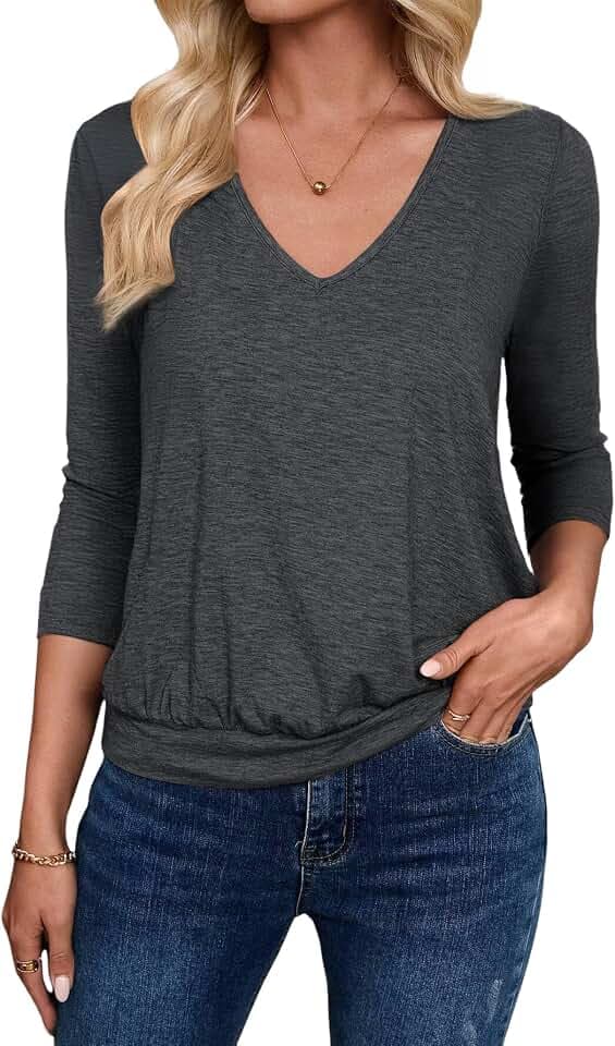 Sialois 3/4 Length Sleeve Women Blouse V Neck Banded Bottom Tops Casual Shirt Cute Tunic 2026 Fall Spring Summer Clothes
