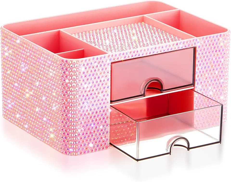 MotiMind Rhinestone Desk Organizer 2 Drawer, Pink Diamond Pen Holder