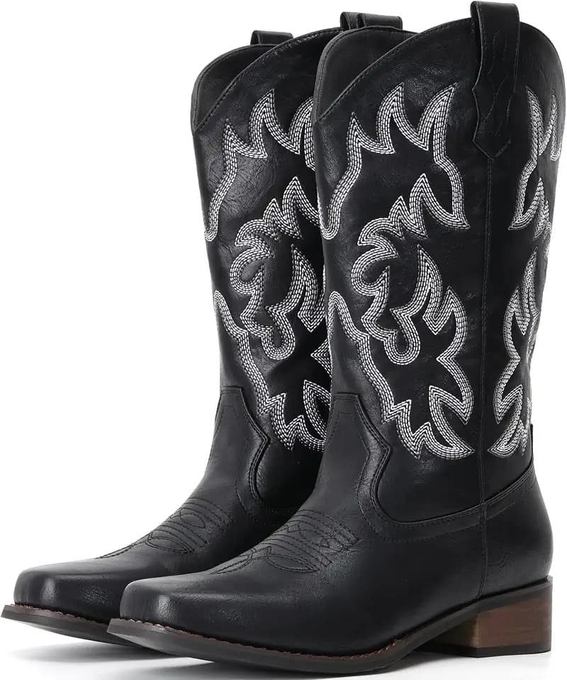 IUV Cowboy Boots For Women Square Toe Wide Suede Western Mid Calf Cowgirl Boot