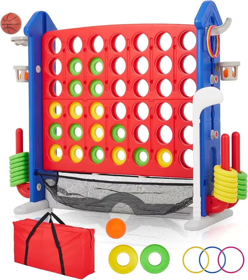 Giant 4-in-a-Row Jumbo Game Set – Adjustable 3-Level Height, Golf, Basketball & Ring Toss, 42 Jumbo Rings, Quick-Release Slider, Mesh Pocket, Carry Bag – Made for USA