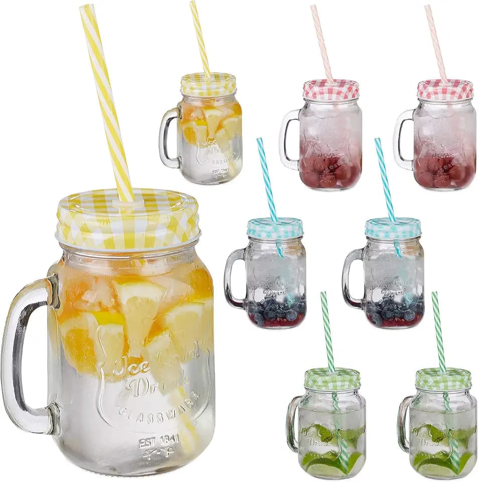 Relaxdays Trinkgläser mit Strohhalm, 8er Set, 400 ml, Gastro, Deckelgläser mit Henkel, Ice Cold Drink Gläserset, bunt