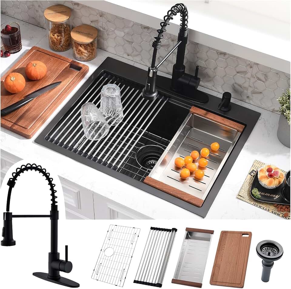 25x22 Drop in Kitchen Sink with Faucet - Gunmetal Black Single Bowl