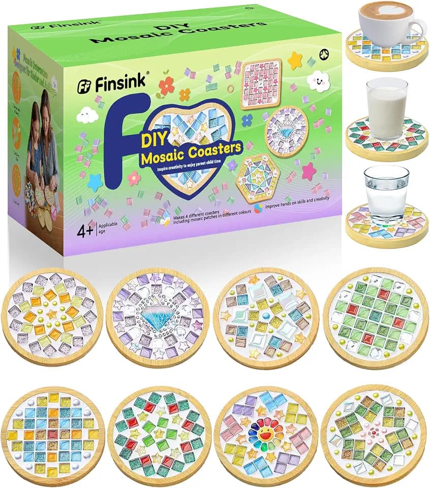 Finsink Mosaik bastelset kinder 8pcs mosaik untersetzer bastelset diy holz untersetzer Set Mosaiksteine zum basteln set Geburtstagsgeschenke für Kinder perfektes Muttertagsgeschenk basteln