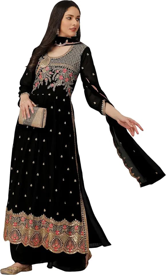 TRENDMALLS Damen Georgette Stickerei Seitenschlitz Plissee Indische Pakistanische Kurta Palazzo Anzug Set