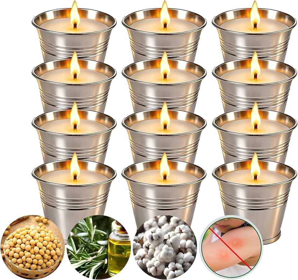 Citronella Candles Outdoor,Novel Steel Design 12-Pack,Use Natural Soy Wax & Citronella,15-Hour 2 oz Bucket Candles for Garden Camping Patio Backyard Balcony Family Party