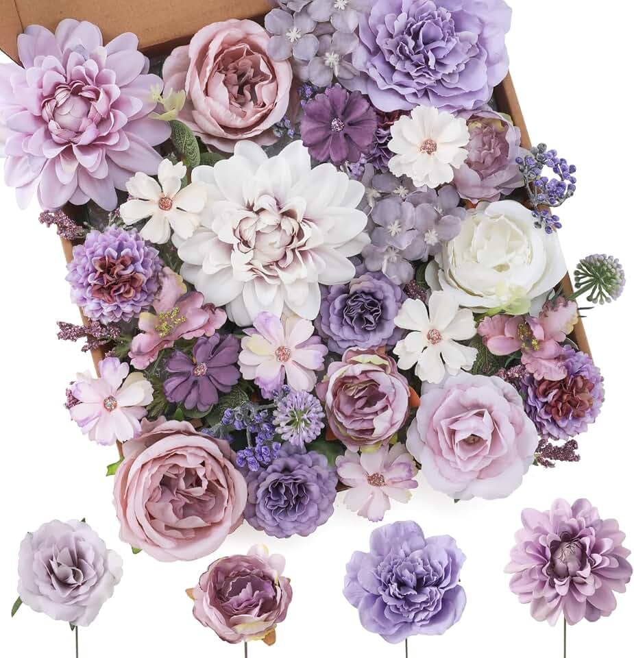 Floweroyal Künstliche Blumen Lila Seidenblumen Mischen Sie Dahlienrosen mit Stielen für DIY Hochzeits-Brautsträuße, Babydusche, Blumengesteck, Tischdekoration, Heimdekorationen.