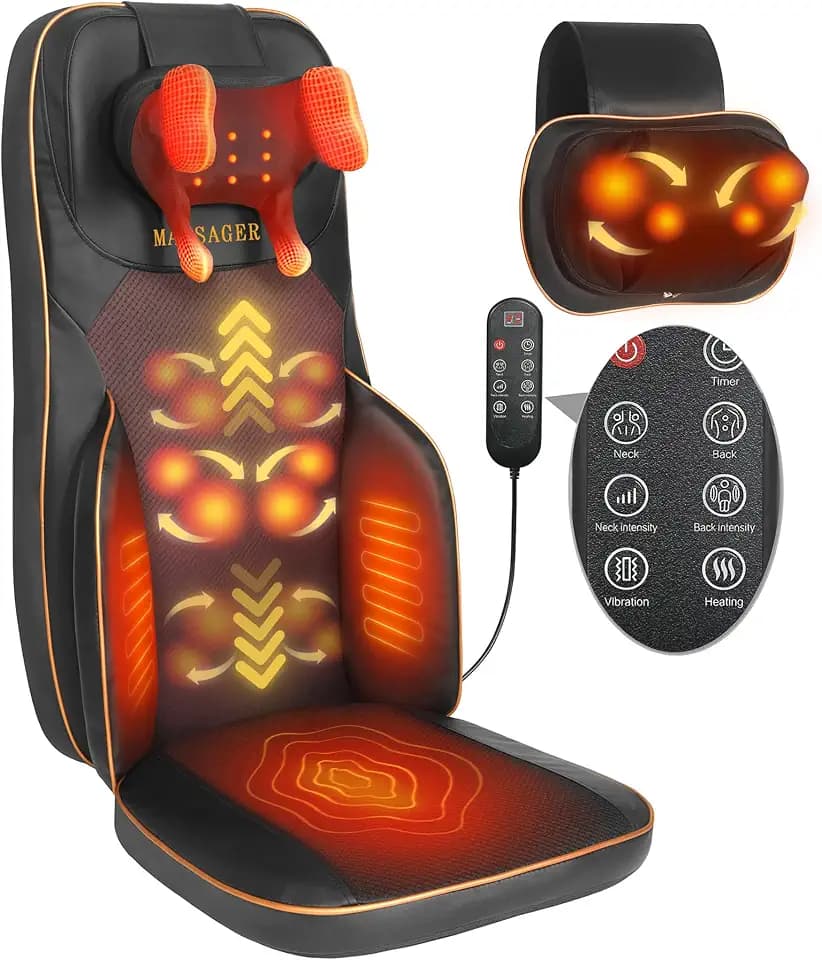 Shiatsu Neck and Back Massager with Heat, Back Massager for Chair with 2 Detachable Interchangeable Massage Heads, Traveling Full Back Massage, Heated Vibration Seat, Gifts for Mom Dad