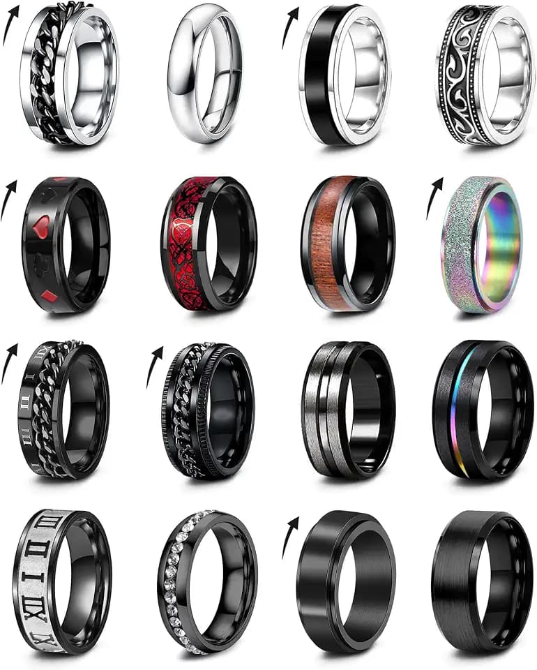 EIELO 16Pcs Stainless Steel Men Fidget Rings for Men Women Stress Anxiety Relief Spinning Rings Cool Black Rings Fashion Chain Band Ring Mens Wedding Engagement Ring Set