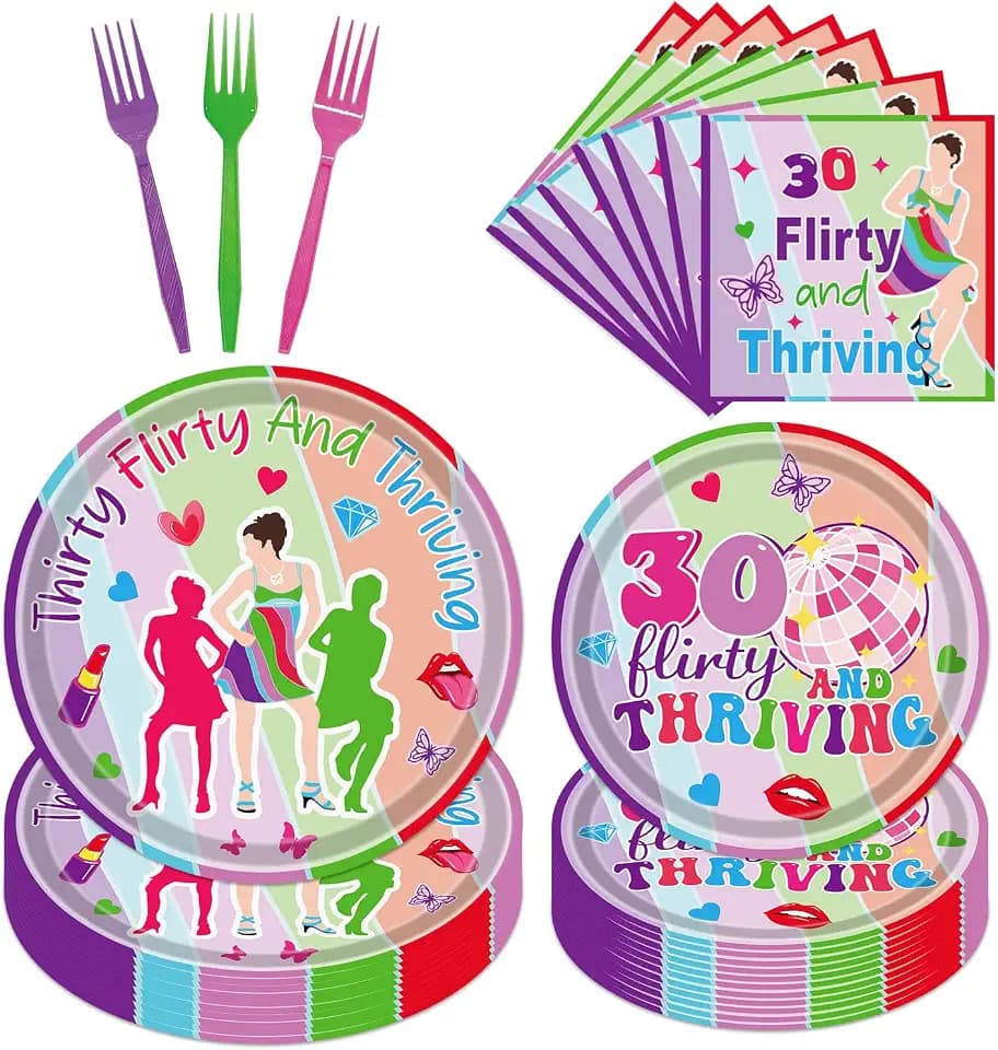 Thirty Flirty and Thriving Decorations Tableware, 96PCS 30 Flirty and Thriving Disposable Paper Plates and Napkins Birthday Decoration, Talk 30 to Me Forks Bday Decor Serve 24