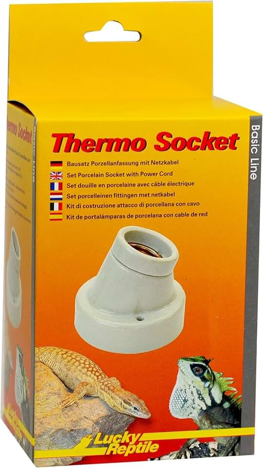 Lucky Reptile Thermo Socket - Porzellanfassung abgewinkelt - E27 Lampenfassung mit Netzkabel - Bausatz Fassung mit Montagematerial - kompatibel für Lampen mit bis zu 150 W - Terrarium Zubehör