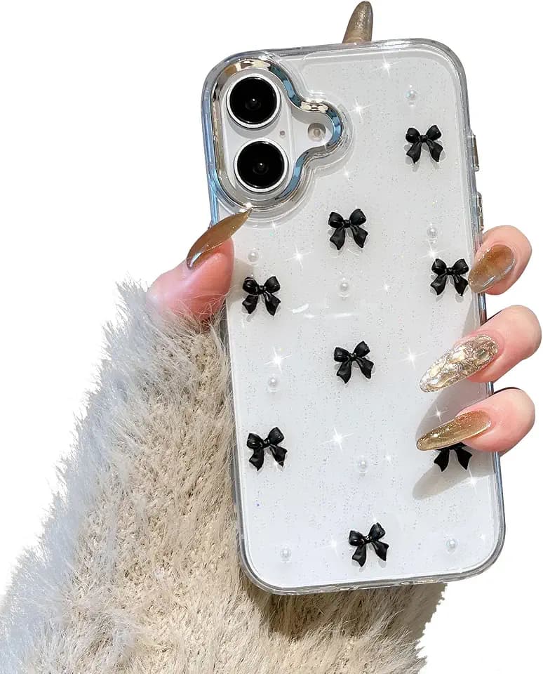 EYZUTAK Case for iPhone 16 Plus, Bling Glitter 3D Bowknot Case, Black Bow