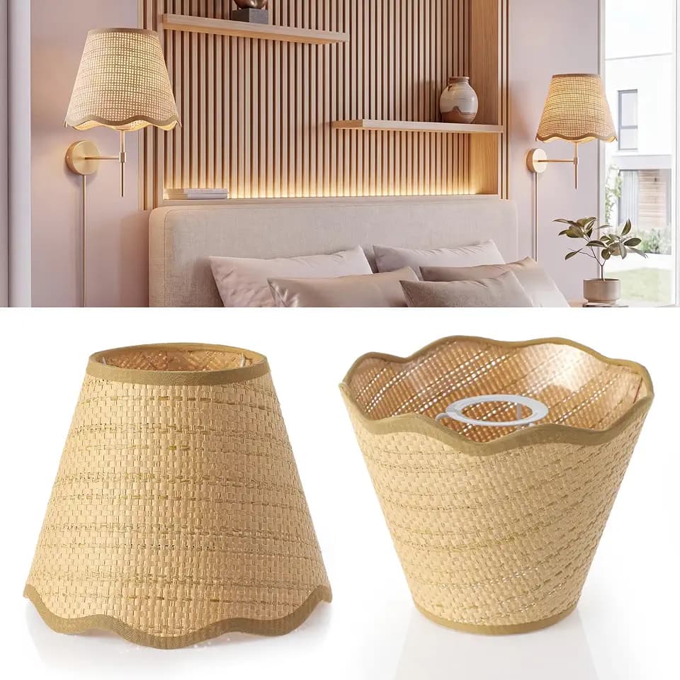 Boho Grass Woven Scalloped Lamp Shades Set of 2, 3.9" T x 7.1" B x 5.9" H
