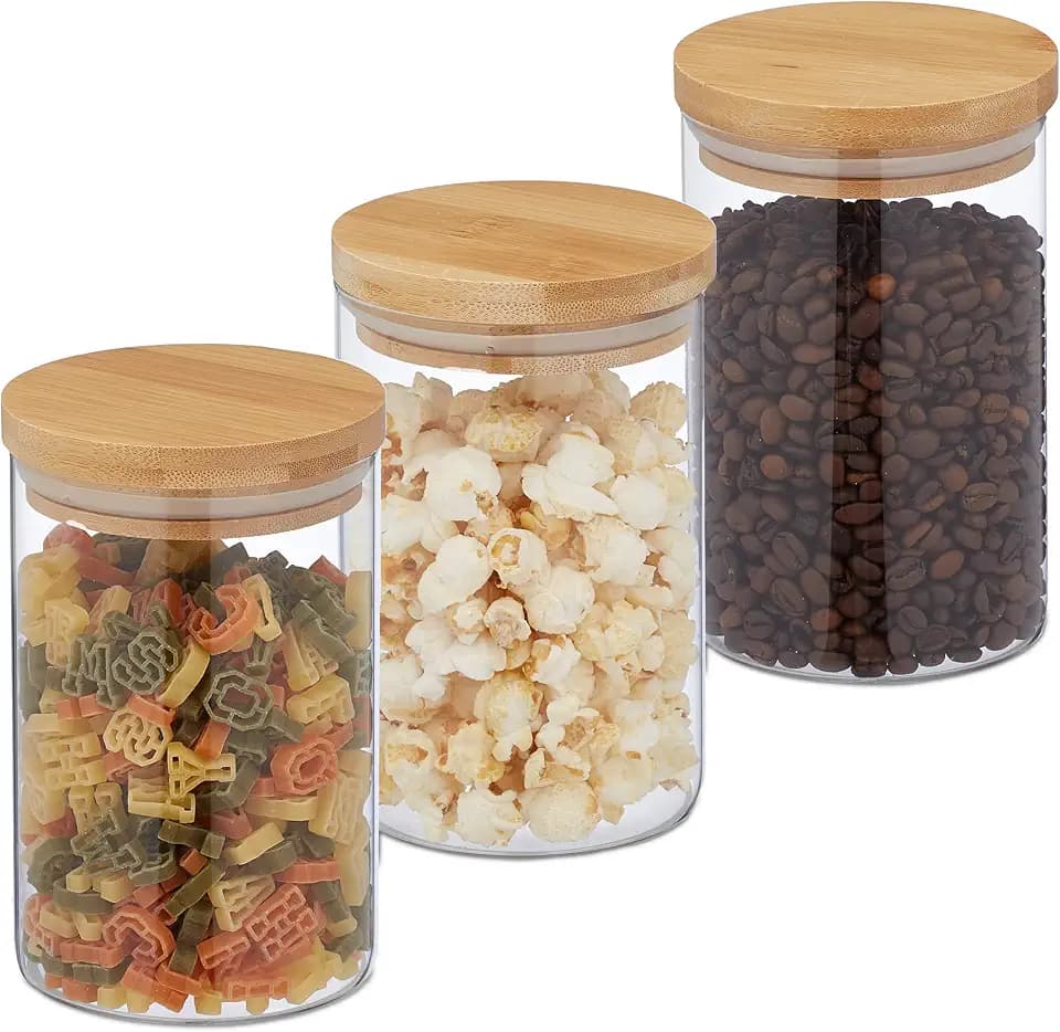 Relaxdays Vorratsgläser mit Bambusdeckel, 3er Set, runde Vorratsdosen aus Glas, 800 ml, luftdicht, transparent/Natur