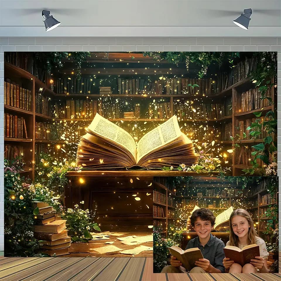 Enchanted Magical Library Backdrop Bookshelf Glowing Open Book Vintage Study Room Photography Background Reading Theme Party Baby Shower Photo Booth Props 10X8FT