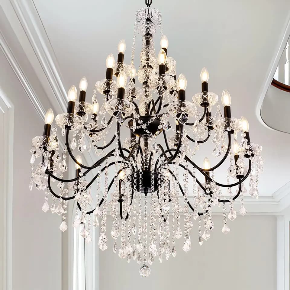 Wellmet Black Chandelier Light Fixture, Luxury Maria Theresa Crystal Chandeliers for High Ceiling Foyer, 24 Lights Hanging Pendant Light for Living Room EntryWay Hall Staircase Large 35.66" (Black)