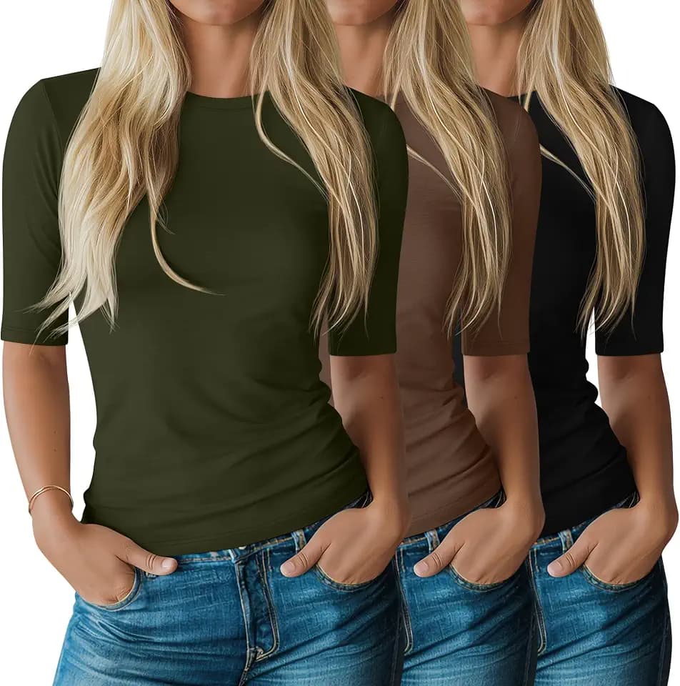 Riyiper 3 Pack Women's Crewneck Slim Fit Half Sleeve Tops