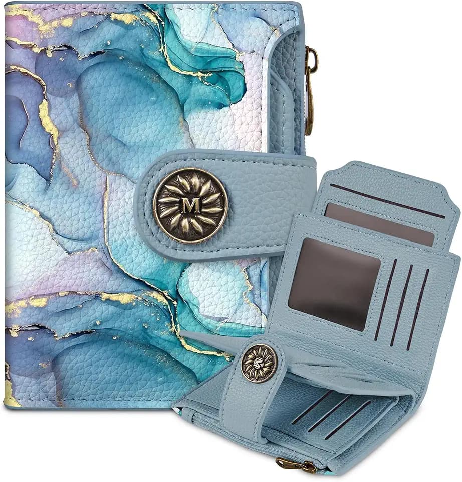 Mayski Aqua Marble Small RFID Wallet Women, PU Leather Bifold Zipper Coin Pocket Compact Cash Credit Card Holder Purse, Cute Travel Wallet for Female Ladies Teen Girls, 4 ID Window 14 Card Slots