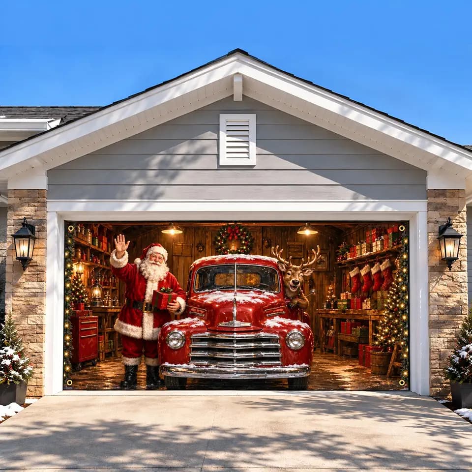 Christmas Garage Door Cover 7 x 16 FT, Santa Red Truck Banner