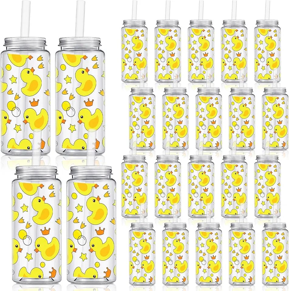 Willinglong 24 Pcs Rubber Duck Plastic Cups with Lids and Straws