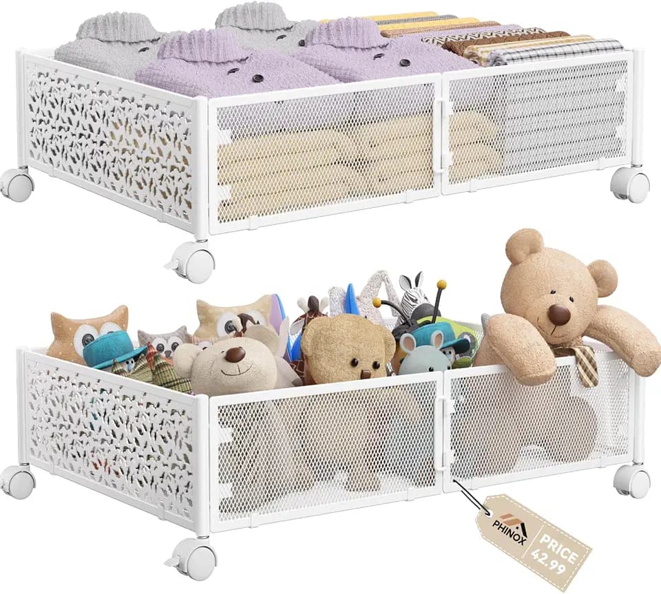 PHINOX Under Bed Storage Container with Wheels,Patterned,Metal,2 Pack,White