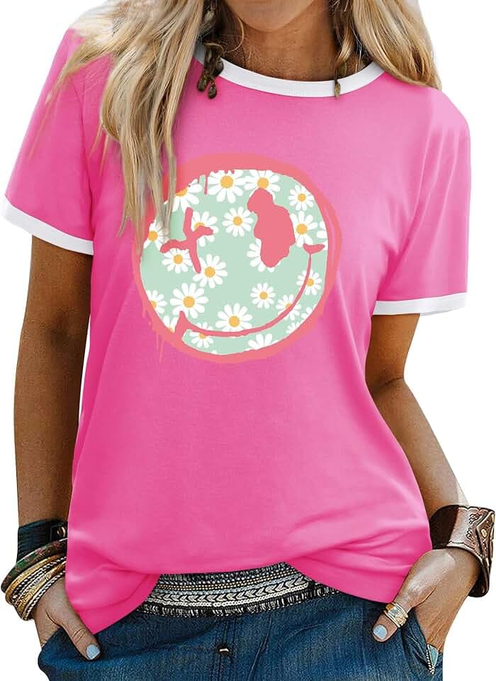 WIEIYM Damen-T-Shirts, Rundhalsausschnitt, kurzärmelig, lässig, Sommer, Tops, Smiley-Gesicht, bedruckte T-Shirts, Bluse, S-XXL