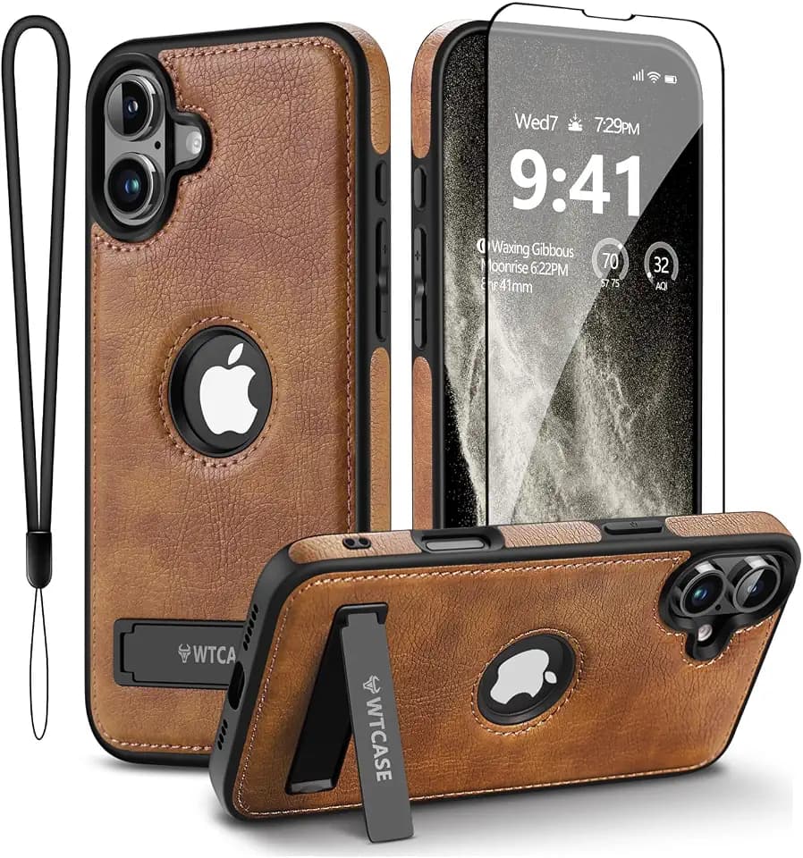 WTCASE Magnetic for iPhone 16 Leather Case,Built-in Invisible Stand [Compatible with Magsafe] Protective Slim Kickstand Phone Cover Compatible with iPhone 16 (2024) 6.1" (Brown)