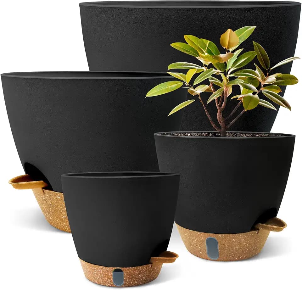 12"/10"/9"/8" Self Watering Pots with Visual Water Window,Extra Large Self Watering Plant Pots with Drainage Holes & Saucers,Black Planters for Indoor Plants,4-Pack