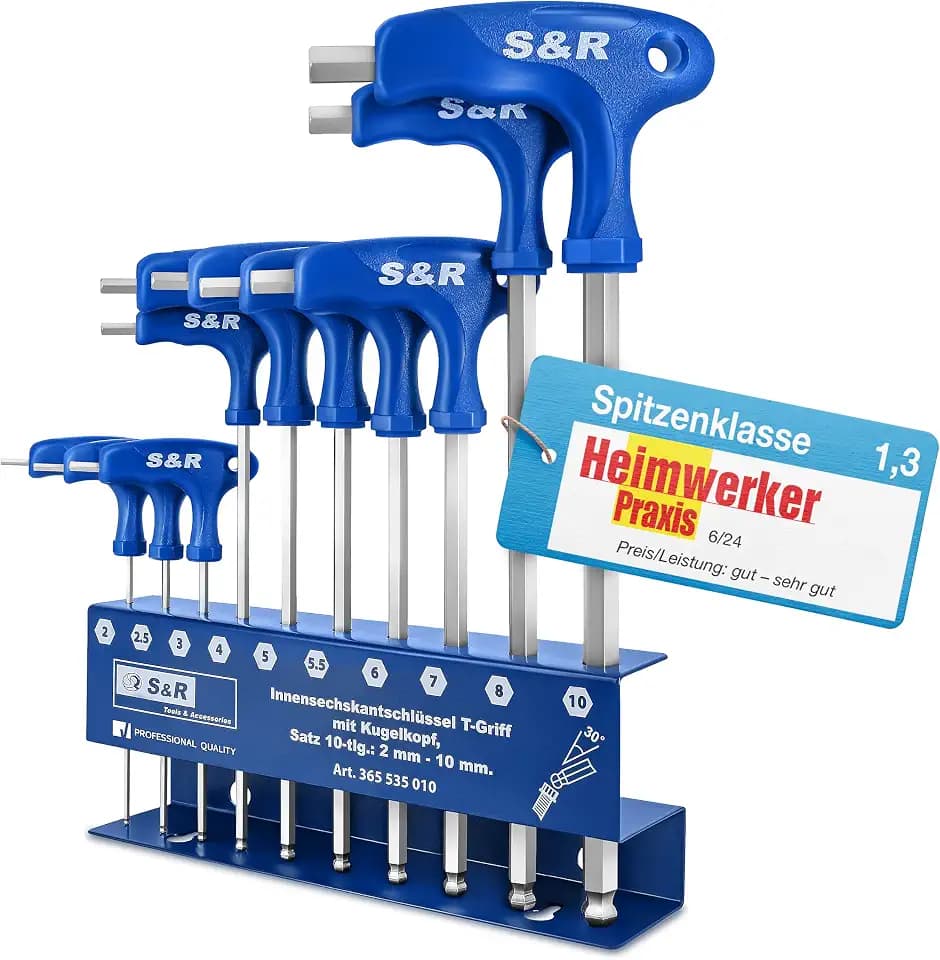 S&R Innensechskantschlüssel Satz HX, S2 Hochleistungsstahl, T-Griff, Kugelkopf, zuverlässiger Korrosionsschutz, Werkzeughalter aus Metall, 10-tlg 2 mm - 10 mm, Sechskant Schlüssel Set Metrisch