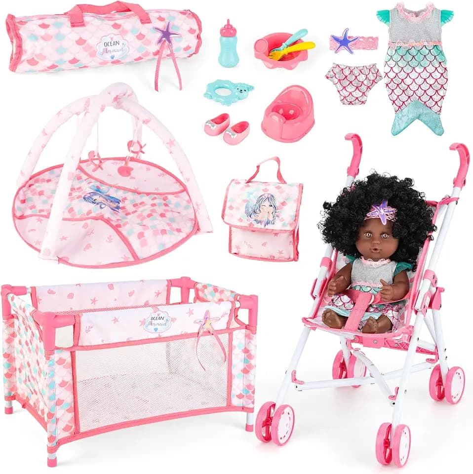 deAO Baby Doll Stroller Crib Bed Set with Play Mat,Travel Bag,Black