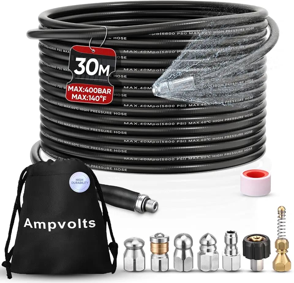 98FT Sewer Jetter Kit for Pressure Washer, 5800 PSI Drain Cleaning Hose with 5 Jet Nozzles & 2 Adapters, Compatible with Spray Guns and Power Washers, Ideal for Clogged Pipes and Drains