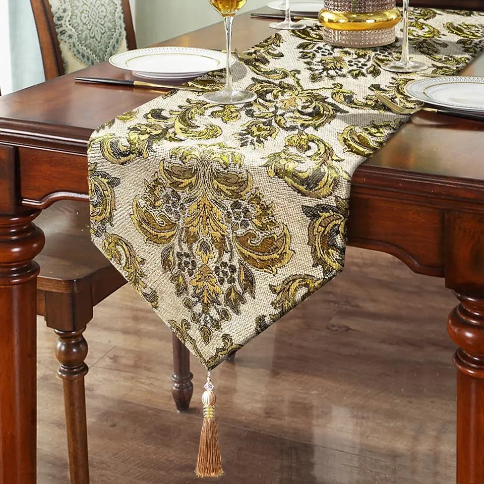 Vintage Table Runners 72" Beige Chenille Jacquard European Floral Pattern