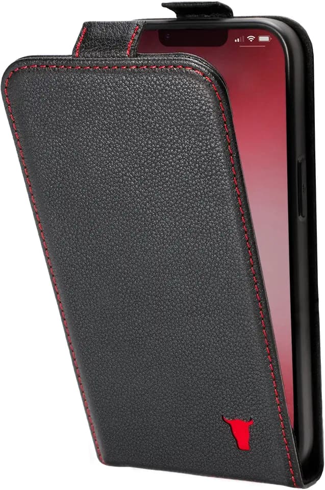 TORRO Leather Flip Cell Phone Case Compatible with iPhone 13 - Quality, Genuine Leather Cover with Card Slots and Vertical Flip Down Cover [MagSafe Compatible] (Black)