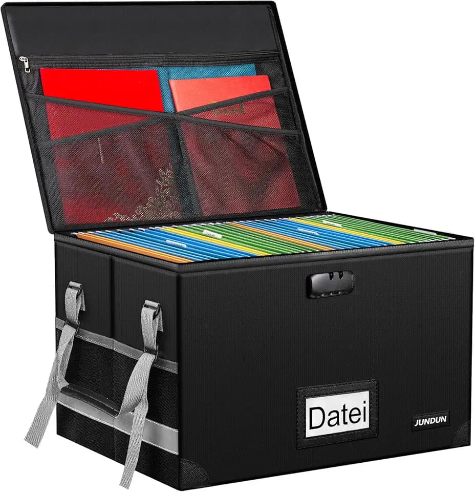 JUNDUN Faltbare feuerfeste Dokumentenbox mit wasserabweisendem Reißverschluss und Deckel, große, tragbare, dekorative Hängeregistraturbox für Zuhause/Büro, Aktenordner