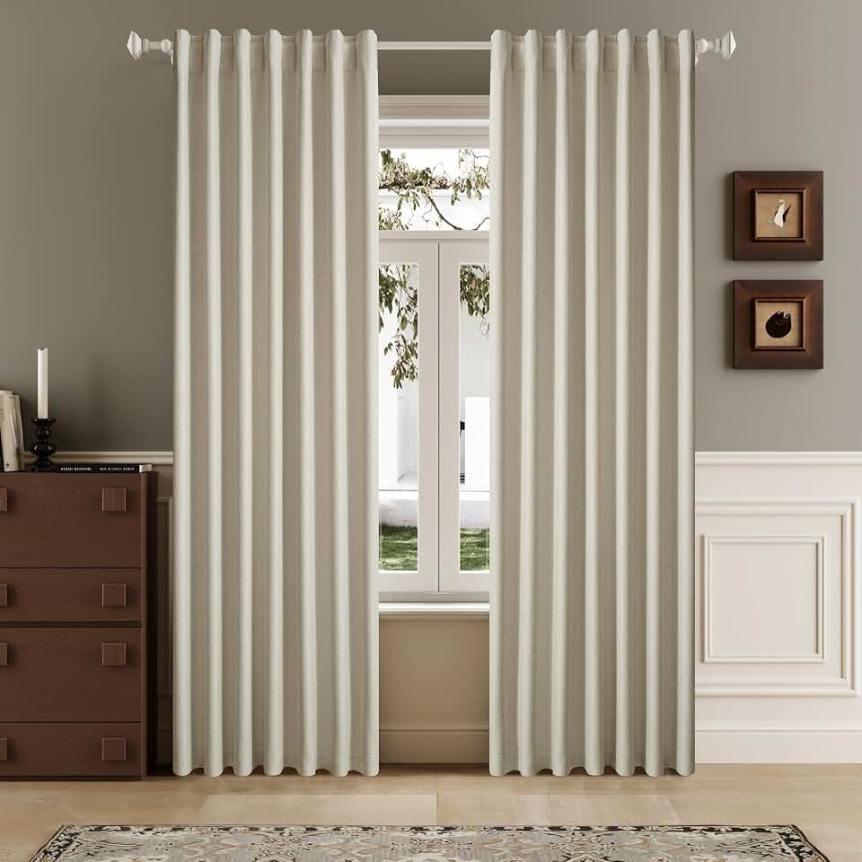 Full Blackout Natural Birch Curtains 63 Inch Long Linen Textured Curtains Thermal Insulated Heat Blocking Noise Reducing Vintage Drapes for Nursery Bedroom Rod Pocket&Back Tab 2 Panels 50W x 63L