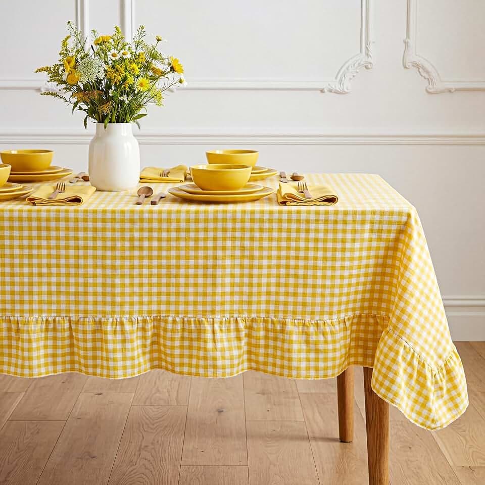 Moukeren Yellow Gingham Tablecloth with Ruffle 60 x 90 Inch Rectangle