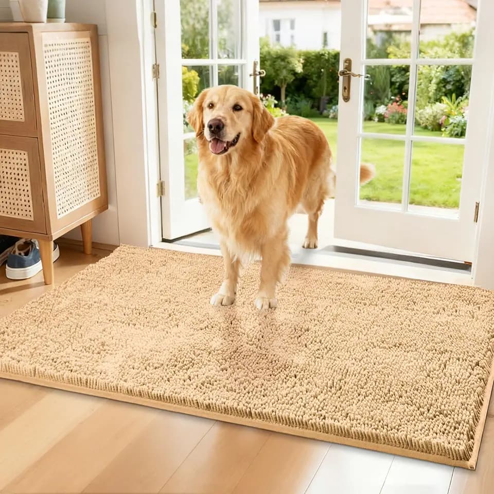 Chenille Absorbent Front Door Mat 60" x 36", Dog Door Mat for Muddy Paws, Trap Dirt Doormat, Mud Mat for Dogs, Washable Non Slip Outdoor Indoor Doormats for Entryway, Beige