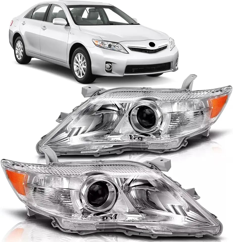 Headlights Assembly Compatible with 2010-2011 Toyota Camry Replacement for TO2502193 TO2503193 Headlamp Chrome Housing with Amber Reflector Driver and Passenger Side ABS Plastic
