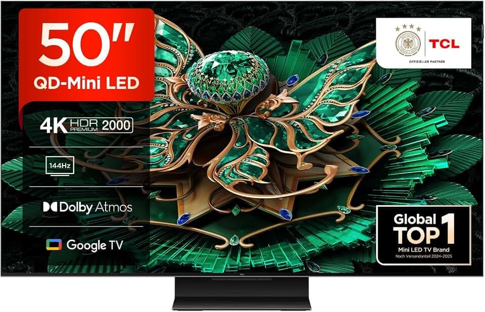 TCL 50C7K 50 Zoll QD-Mini LED Fernseher, 4K HDR Premium 2000, Smart Google TV mit 144Hz Motion Clarity Pro (Dolby Vision IQ & Atmos, HVA-Panel, Game Master)