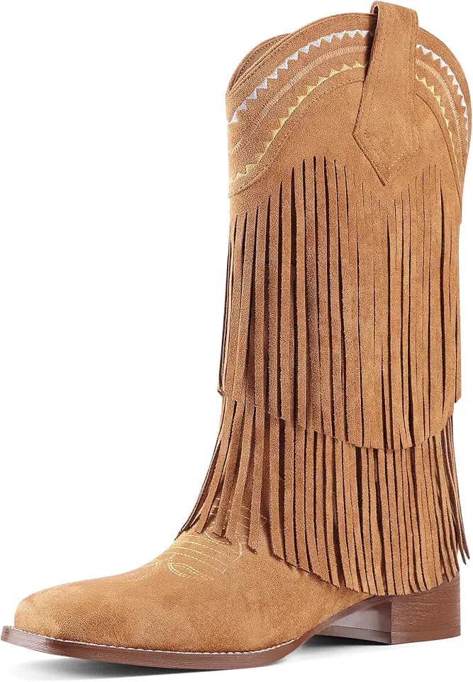 UJPFEO Cowboy Boots for Women Fringe Mid Calf Boots Low Chunky Block Heel Square Toe Pull On Cowgirl Western Boots