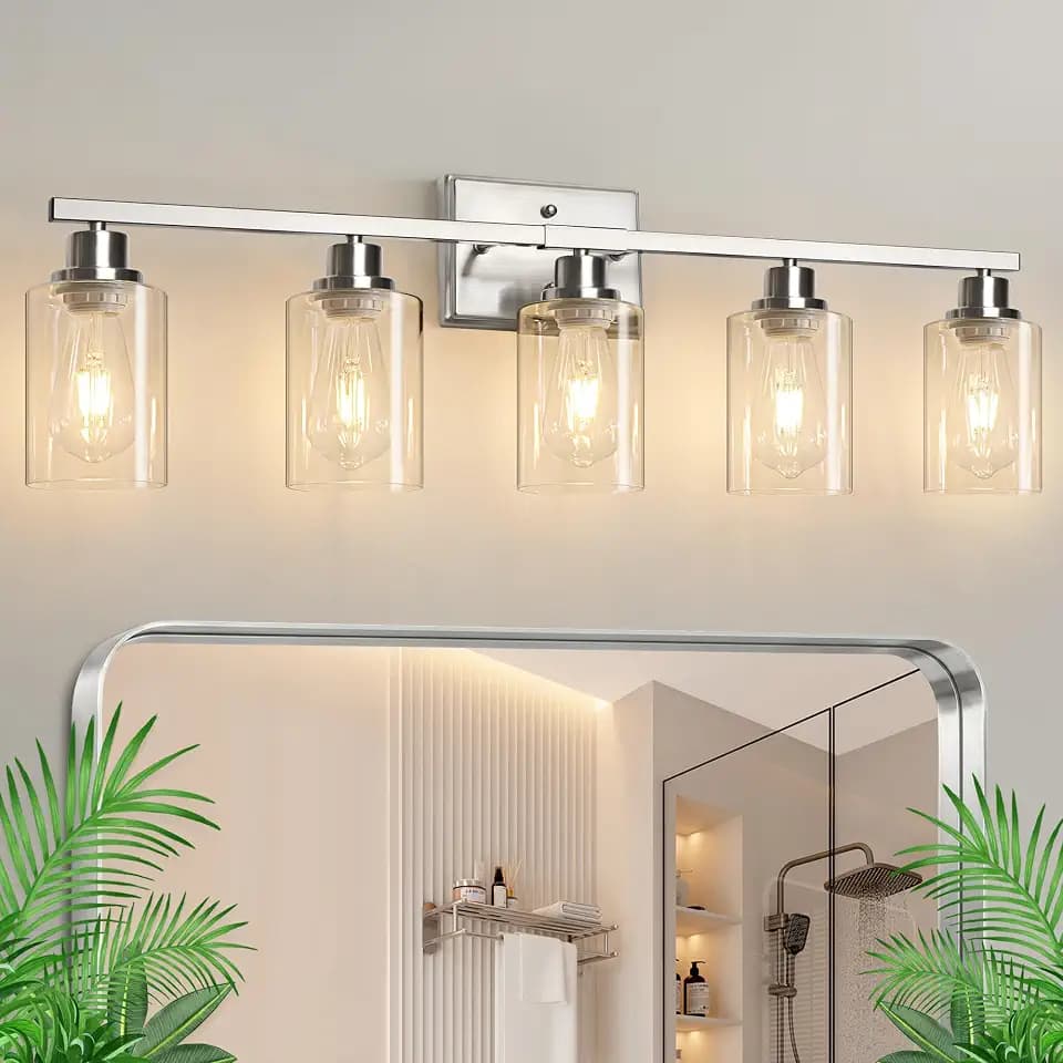 Ascher 5-Light Bathroom Light Fixtures, Modern Brushed Nickel Vanity Lights Over Mirror, Wall Lights with Clear Glass Shades for Hallway, Cabinet, Porch, Bedroom