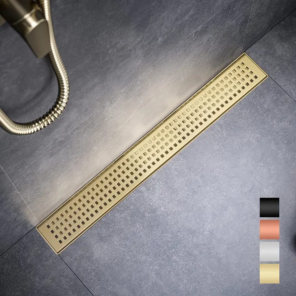 Linear Shower Drain 28 Inch Rectangular, Brushed Gold Shower Drain, 51L/Min Fast Drainage SUS-304 Stainless Steel Floor Linear Drain, US Standard CUPC Certified, Zirconium Gold, SD-112-28ZG