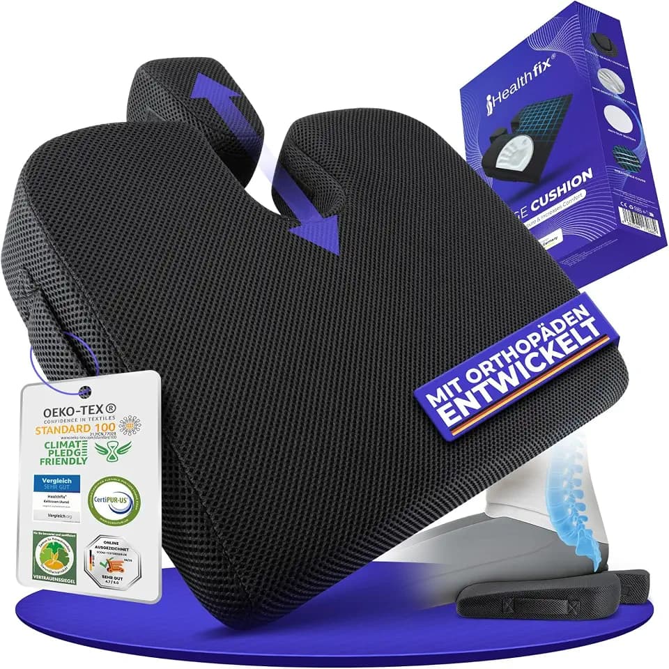 Healthfix® Keilkissen zur Verbesserung der Sitzhaltung - Bequemes ergonomisches Sitzkeil für Stuhl, Auto & Co. | Orthopädisches Sitzkissen mit Optimalem Memory-Foam Härtegrad (Soft (45-70 KG))