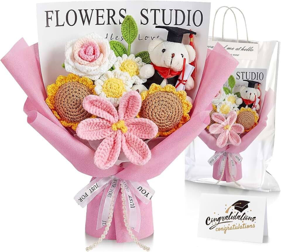 Giegxin Graduation Crochet Flowers Bouquet Set 2026 Grad Cap Plush Bear Hand Knitted Tulip Daisy Sunflower Rose Bouquet Greeting Card Gift Bag for Wedding Birthday Party Favors(Pink,Sunflower)